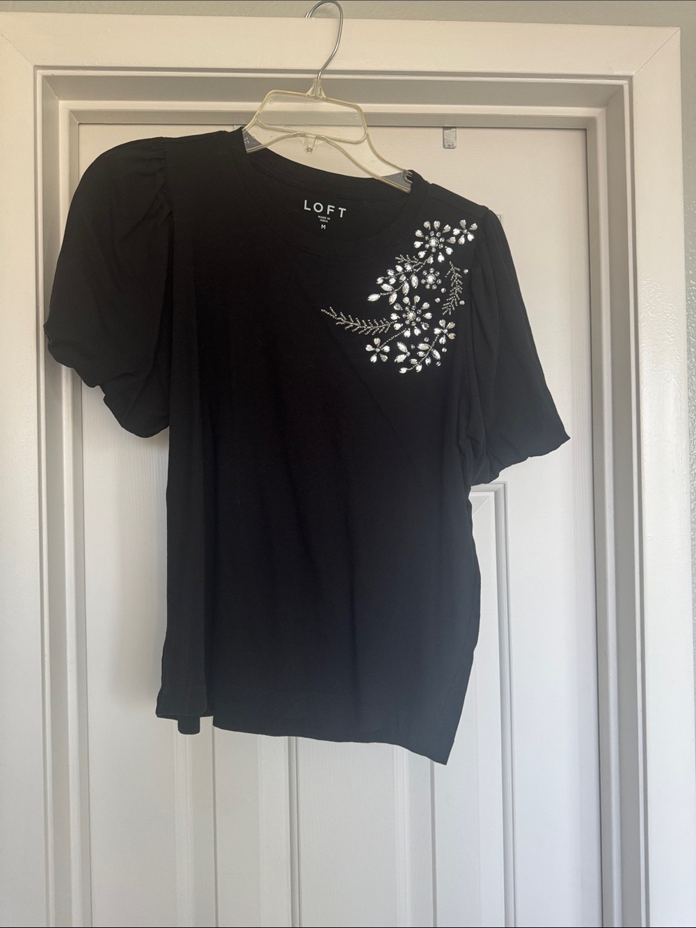 LOFT Black Tee with Pearl and Bead Floral Accent